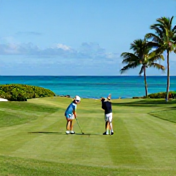 Caribbean Holidays, Sporting Honeymoons, A couple playing golf on a lush Caribbean course beside turquoise sea, bright tropical light