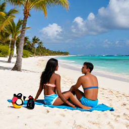 Caribbean Holidays, Sporting Honeymoons, A couple relaxing together at a Caribbean beachfront resort after an active day, sports equipment nearby and palm trees