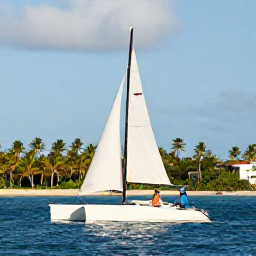 Caribbean Holidays, Sporting Honeymoons, A newlywed couple sailing a small catamaran across calm Caribbean water, palm-fringed coastline in the background