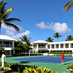 Caribbean Holidays, Sporting Spa Breaks, Active travellers playing tennis beside a luxurious Caribbean resort with palm trees and bright blue sky