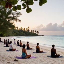 Caribbean Holidays, Sporting Spa Breaks, Guests taking an outdoor yoga class on a quiet Caribbean beach at sunrise, with turquoise water and tropical vegetation