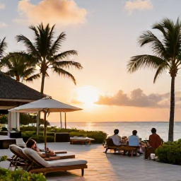 Caribbean Holidays, Sporting Spa Breaks, Relaxed guests enjoying a peaceful Caribbean resort spa terrace at sunset, surrounded by palms and comfortable loungers