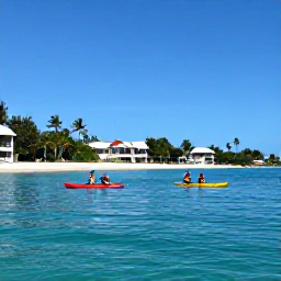 Caribbean Holidays, Sporting Spa Breaks, Travellers kayaking in calm Caribbean sea near a tropical island, with a beach resort visible in the background