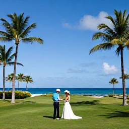 Caribbean Holidays, Sporting Weddings, A bride and groom playing golf on a tropical Caribbean course with palm trees, ocean views and bright blue sky