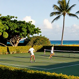 Caribbean Holidays, Sporting Weddings, A Caribbean resort tennis court beside lush gardens and the sea, with a couple playing casually in warm sunshine
