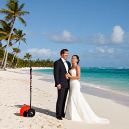Caribbean Holidays, Sporting Weddings, A happy couple in elegant wedding clothes on a sunny Caribbean beach beside sporting equipment, turquoise sea and palm trees