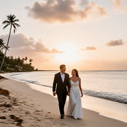 Caribbean Holidays, Sporting Weddings, A newly married couple walking along a quiet Caribbean beach at sunset after an active wedding holiday
