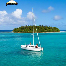 Caribbean Holidays, Sporting Weddings, Newlyweds sailing a small boat through clear Caribbean water near a green island, with a relaxed tropical atmosphere