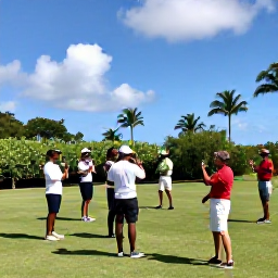 Caribbean Holidays, Sporting Wine Holidays, A lively Caribbean vineyard estate with visitors enjoying wine tasting after an outdoor sporting activity, bright tropical setting