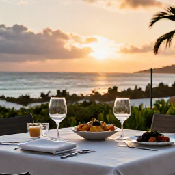 Caribbean Holidays, Sporting Wine Holidays, Elegant but relaxed Caribbean restaurant terrace at sunset, with wine glasses, local dishes and views over the sea