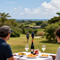 Caribbean Holidays, Sporting Wine Holidays, Hikers walking through a tropical Caribbean landscape towards a viewpoint, with a relaxed wine and food table in the foreground