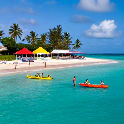 Caribbean Holidays, Sporting Wine Holidays, Sea kayakers and snorkellers exploring clear Caribbean water near a sandy beach, with a colourful coastal restaurant nearby