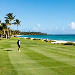 Caribbean Holidays, Sporting Wine Holidays, Travellers playing golf beside a turquoise Caribbean sea, with palm trees, green fairways and distant hills