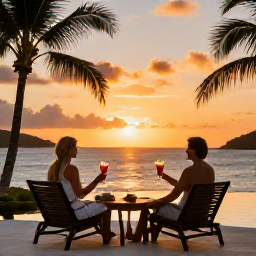 Caribbean Holidays, St Barth Luxury, A couple enjoying a sunset cocktail on a Saint Barth&eacute;lemy villa terrace, with glowing sky, palm silhouettes and Caribbean sea views