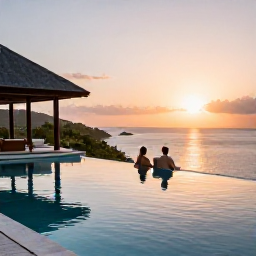 Caribbean Holidays, St Barth Luxury, A private infinity pool at a luxury villa in Saint Barth&eacute;lemy, overlooking the Caribbean Sea with a couple relaxing at sunset