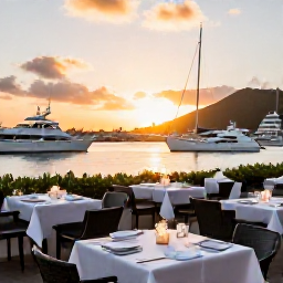 Caribbean Holidays, St Barth Luxury, A stylish Saint Barth&eacute;lemy harbour restaurant at sunset, with elegant outdoor dining, yachts and warm September evening light