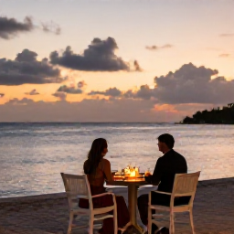 Caribbean Holidays, St Kitts All Inclusive, Couple dining beside the sea at sunset in Saint Kitts, with soft lights and a relaxed island setting
