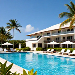 Caribbean Holidays, St Kitts All Inclusive, Elegant beachfront resort in Saint Kitts with a swimming pool, palm trees and guests relaxing in the sunshine