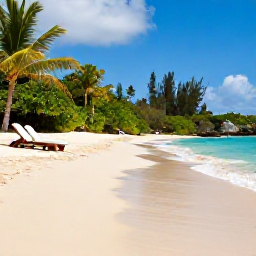 Caribbean Holidays, St Kitts All Inclusive, Golden sandy beach in Saint Kitts with calm turquoise water, sun loungers and lush tropical vegetation