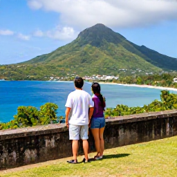 Caribbean Holidays, St Kitts Honeymoons, Couple exploring historic Brimstone Hill Fortress on Saint Kitts with lush green mountains and blue Caribbean sea behind them