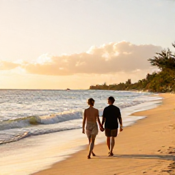 Caribbean Holidays, St Kitts Honeymoons, Couple walking hand in hand along a quiet golden beach on Saint Kitts at sunset, gentle Caribbean waves and Nevis visible in the distance