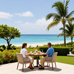 Caribbean Holidays, St Kitts Honeymoons, Elegant honeymoon hotel terrace overlooking a tropical garden and Caribbean sea on Saint Kitts, couple enjoying breakfast together