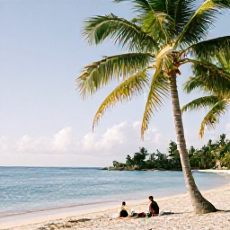 Caribbean Holidays, St Kitts Honeymoons, Newlywed couple relaxing beneath palm trees beside a calm Caribbean beach on Nevis, bright clear morning and peaceful atmosphere