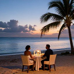 Caribbean Holidays, St Kitts Honeymoons, Romantic beachfront dinner for two on Saint Kitts, softly lit table, tropical evening sky and calm sea