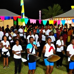 Caribbean Holidays, Steelpan Shows, A joyful Caribbean festival with a large steel orchestra, dancing audience, colourful decorations and a lively evening atmosphere