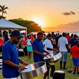 Caribbean Holidays, Steelpan Shows, A lively outdoor steelpan performance at sunset in Trinidad, with musicians playing polished steel drums before an enthusiastic holiday crowd