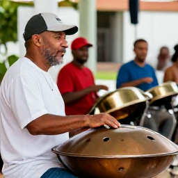 Caribbean Holidays, Steelpan Shows, A relaxed traveller speaking with friendly steelpan musicians after a performance in Trinidad, with instruments visible in the background