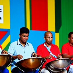 Caribbean Holidays, Steelpan Shows, A traditional Trinidadian steel orchestra performing on a colourful stage, with close-up views of musicians and their gleaming steelpans