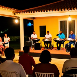 Caribbean Holidays, Steelpan Shows, Visitors enjoying an evening steelpan concert in a Caribbean courtyard, with warm lights, informal seating and musicians performing on stage