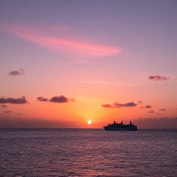 Caribbean Holidays, Sunset Cruises, A brilliant Caribbean sunset viewed from a boat, sun dipping below the horizon, pink, orange and purple sky reflected on calm sea
