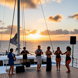 Caribbean Holidays, Sunset Cruises, A Caribbean catamaran cruise with live music, gentle dancing and a warm sunset over the sea, photographed from the deck