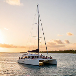 Caribbean Holidays, Sunset Cruises, A comfortable catamaran sailing across calm Caribbean water at sunset, warm golden light, passengers relaxing on deck, tropical coastline in the distance