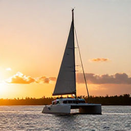Caribbean Holidays, Sunset Cruises, A comfortable sailing catamaran cruising across calm Caribbean waters at sunset, warm golden light, tropical coastline in the distance