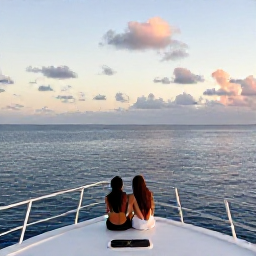 Caribbean Holidays, Sunset Cruises, A couple sitting together on the bow of a Caribbean boat after sunset, calm sea, soft twilight, peaceful romantic holiday setting