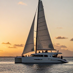 Caribbean Holidays, Sunset Cruises, A modern sailing catamaran gliding across calm Caribbean waters at sunset, warm golden light, passengers relaxing on deck