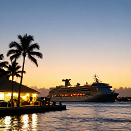 Caribbean Holidays, Sunset Cruises, A serene Caribbean harbour at dusk with a returning sunset cruise boat, palm trees and warm lights along the waterfront