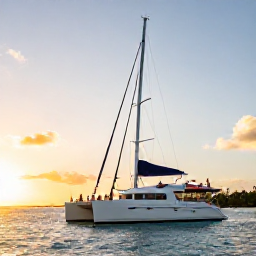 Caribbean Holidays, Sunset Cruises, A stylish catamaran sailing along a Caribbean coastline at golden hour, with guests relaxing on deck and the sun low over calm turquoise water