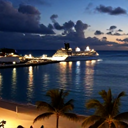 Caribbean Holidays, Sunset Cruises, Caribbean shoreline and harbour illuminated after sunset, calm dark-blue sea, boat lights and palm trees in the foreground