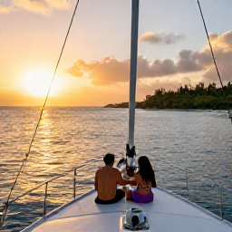Caribbean Holidays, Sunset Cruises, Couple enjoying a Caribbean sunset from the bow of a sailing boat, sparkling sea, tropical coastline and soft evening sky