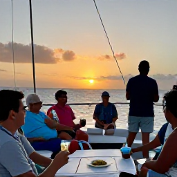 Caribbean Holidays, Sunset Cruises, Friendly Caribbean boat crew serving drinks and light snacks to passengers on a sunset sailing trip, relaxed holiday atmosphere