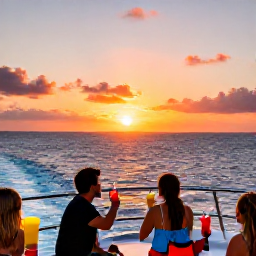 Caribbean Holidays, Sunset Cruises, Guests enjoying a Caribbean sunset boat trip with colourful drinks, gentle waves and panoramic views of the orange and pink sky