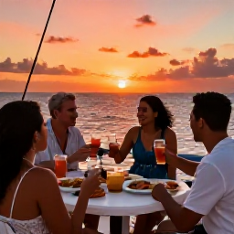 Caribbean Holidays, Sunset Cruises, Guests enjoying drinks and light Caribbean food on the deck of a sunset sailing boat, relaxed holiday atmosphere, orange and pink sky over the sea