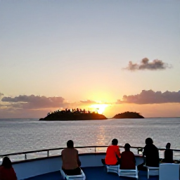 Caribbean Holidays, Sunset Cruises, Passengers enjoying a peaceful Caribbean sunset cruise with tropical islands, calm sea and dusky sky in the background