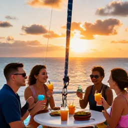 Caribbean Holidays, Sunset Cruises, Small group on a Caribbean catamaran sharing tropical drinks and light snacks while the sun sets over the ocean