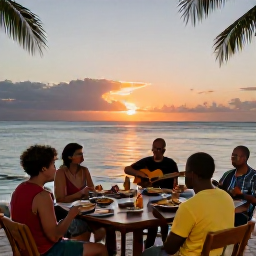 Caribbean Holidays, Trinidad Adventure, A relaxed Caribbean evening in Tobago with travellers enjoying local food, music and a sunset by the sea