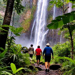 Caribbean Holidays, Trinidad Adventure, Hikers walking through the green rainforest of the Northern Range towards a tropical waterfall in Trinidad